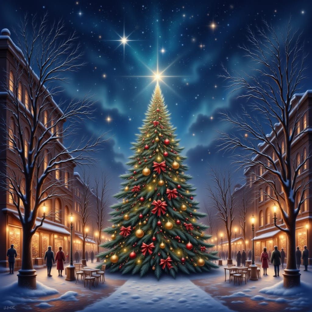 <lora:Christmas Glow 1-02:1.0> Giant Christmas tree in town square with starry night sky