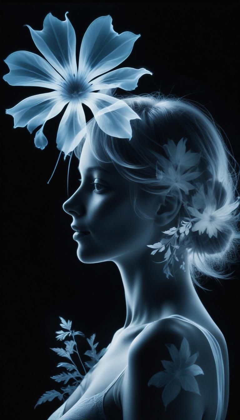 Lady & Flowers in bioluminescent rayograph