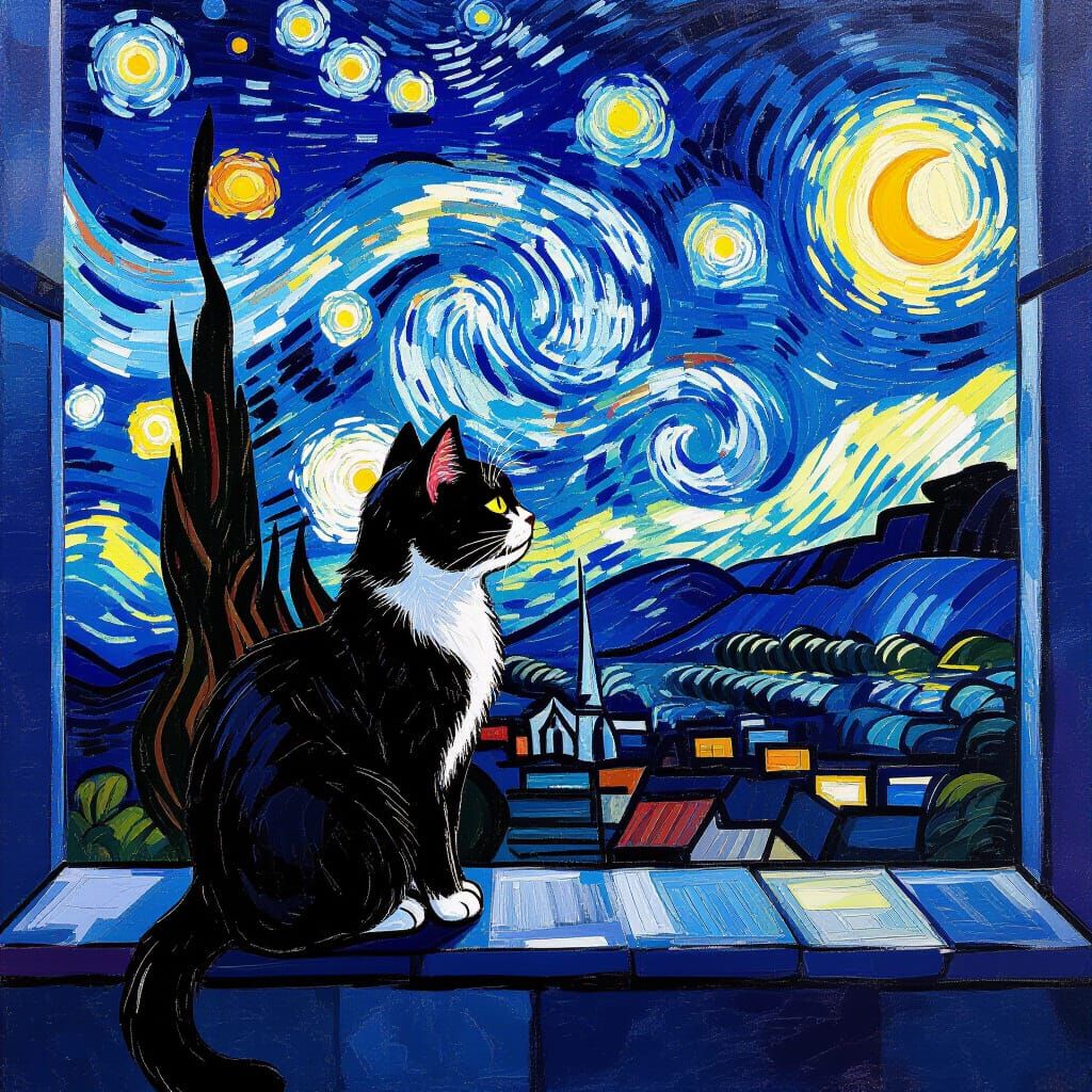 Tuxedo Cat Gazing at Starry Night in Van Gogh Style