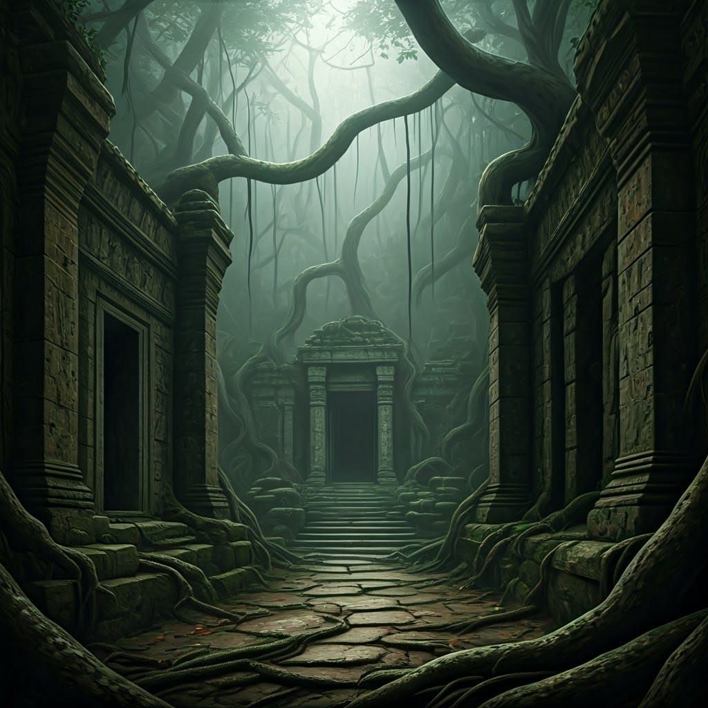 Eerie Jungle Ruins in Surreal Horror Style
