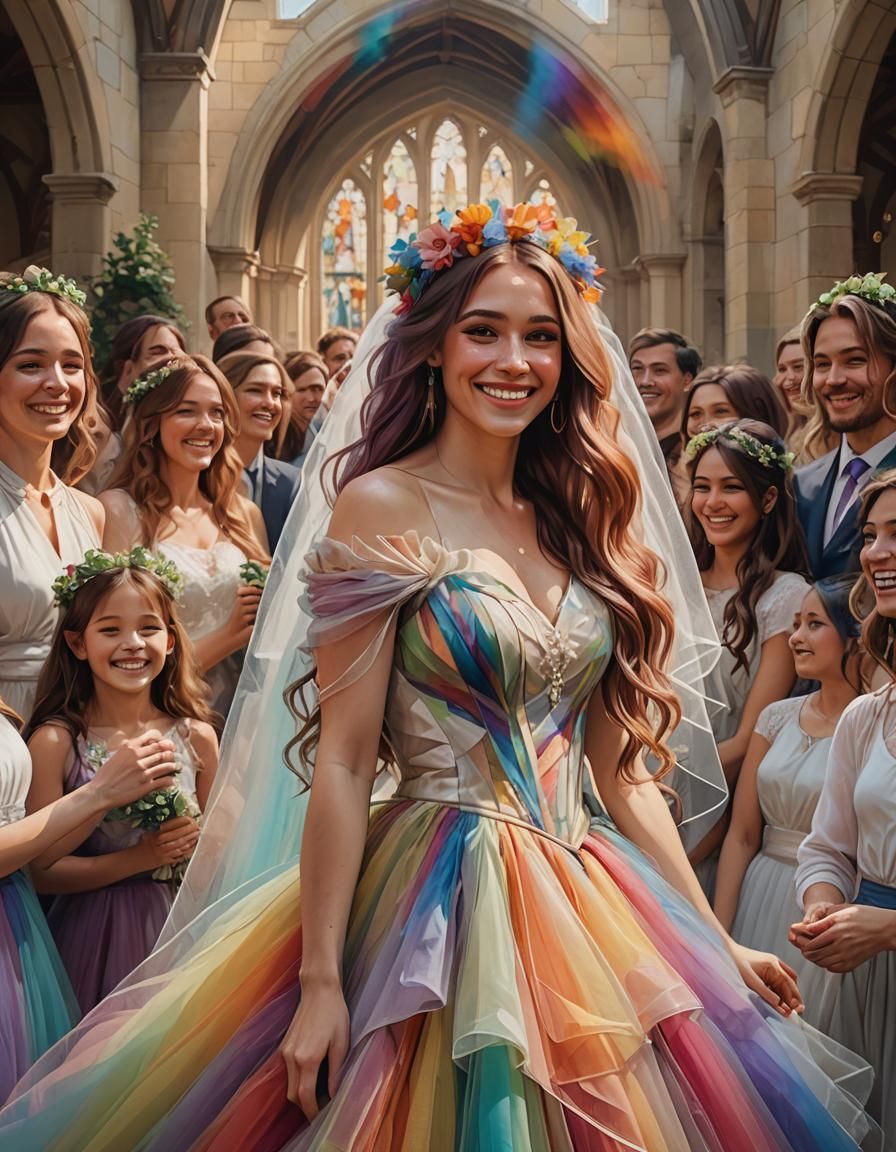 She was delighted with the way her rainbow tulle wedding dre...