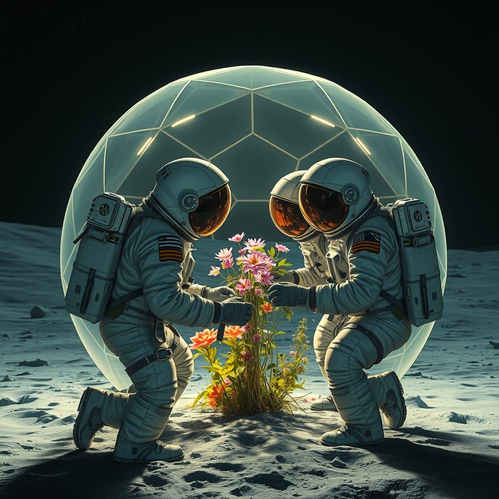 Astronauts Nurture Vibrant Flowers in Lunar Geodesic Dome