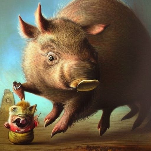 painting of a cute whimsical, a raging wild boar with a ragi...