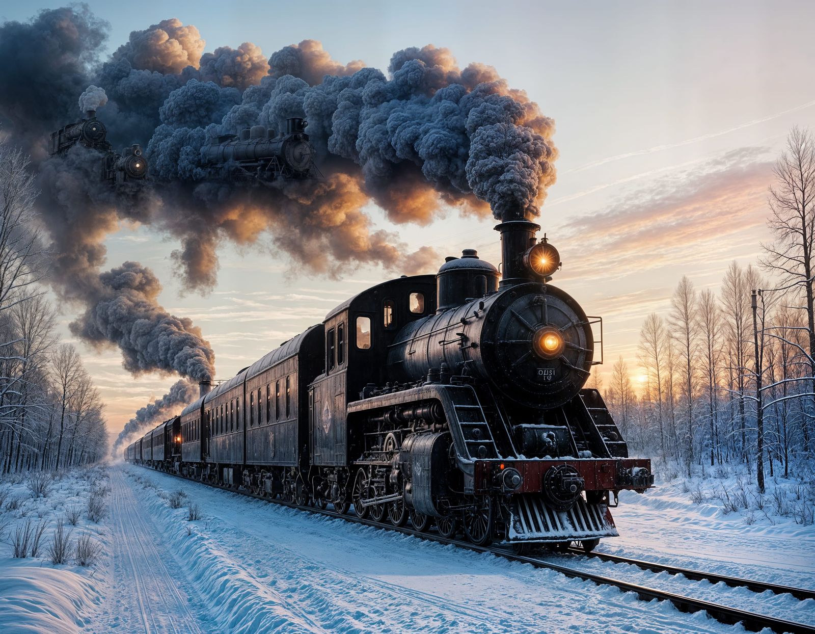 Vintage Steam Train in Snowy Russian Landscape