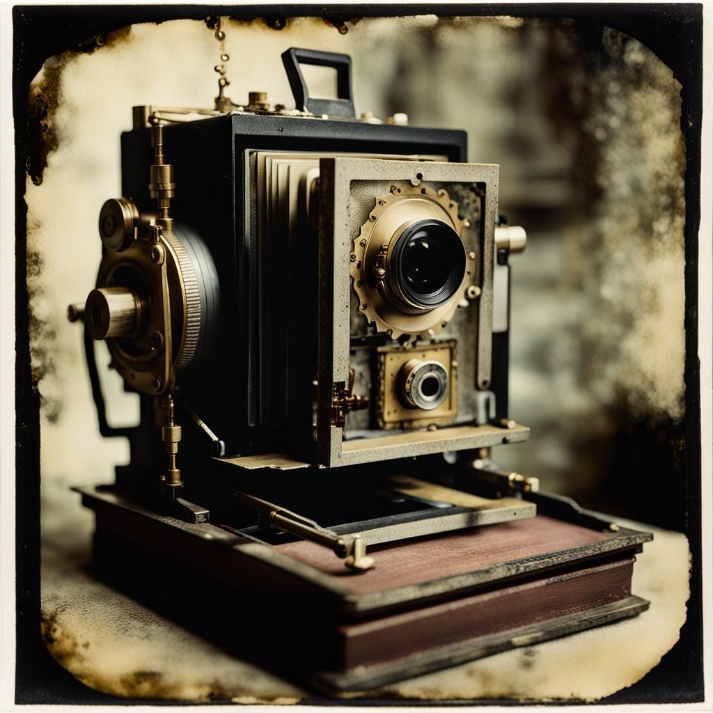 Steampunk Fantasy View Camera with Distressed Polaroid Transfer Border  by @Retro Art Factory