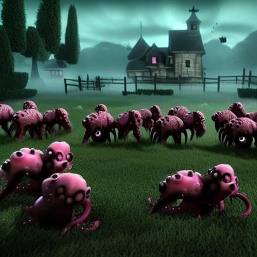A herd of stampeding Octollamas. Horror hyperdetailed gothic...
