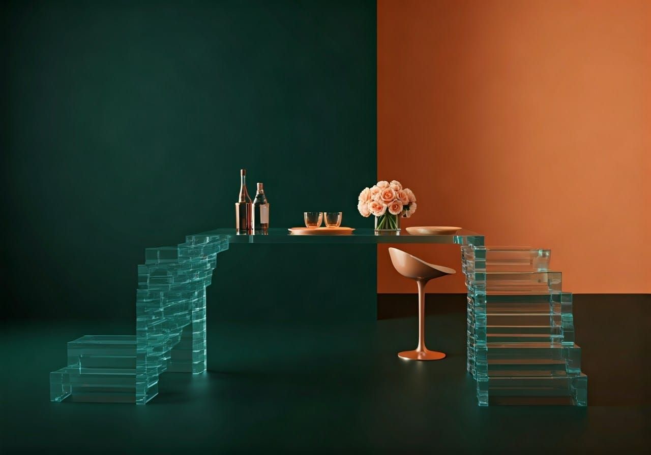 Peach rose, green and orange modern architecture space Age s...