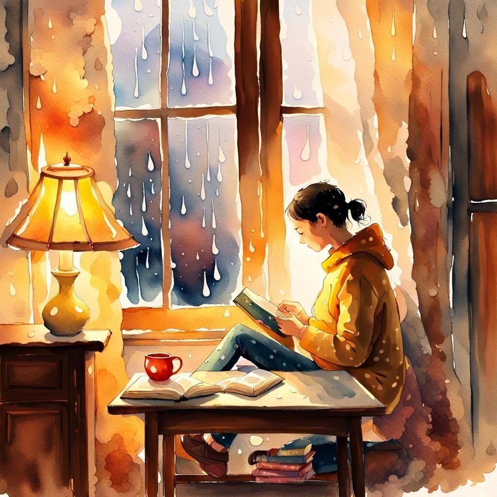 A rainy night viewed through a window, with a cozy nook and ...