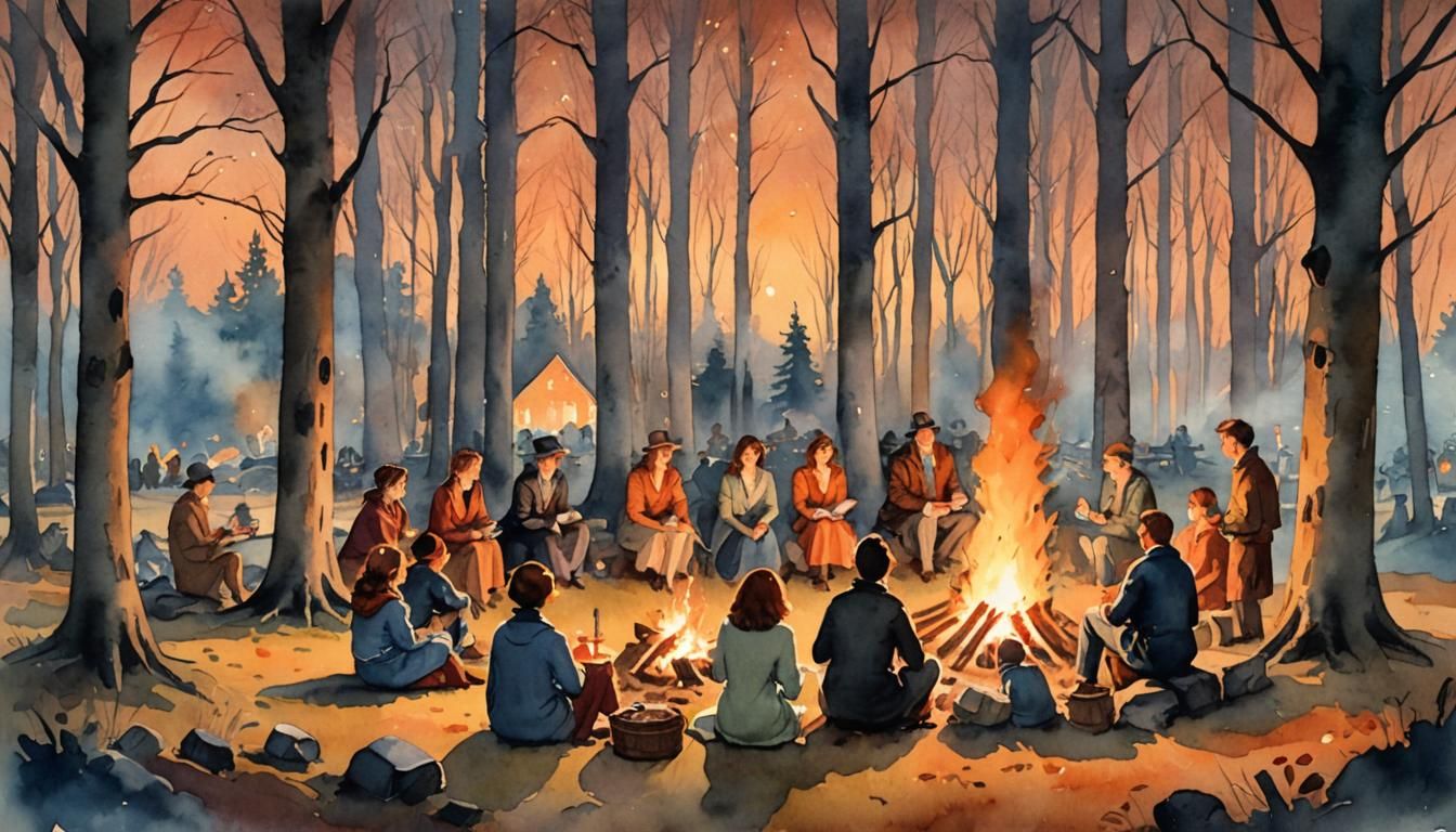 Bonfire Gathering: An outdoor scene of friends or family gat...