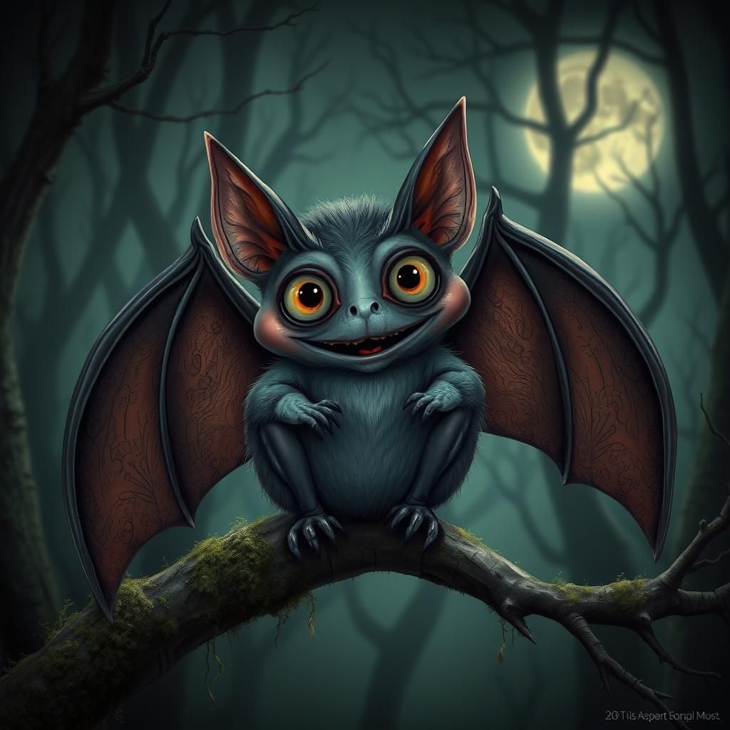 A vampire bat with big, round eyes and a sweet, playful smile.
