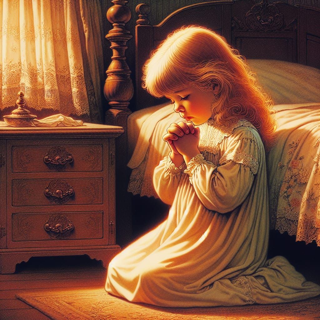 Hello God, it's me Margaret. An illustration of a young girl saying her prayers before bedtime, Norman Rockwell, in the style of a Saturday...