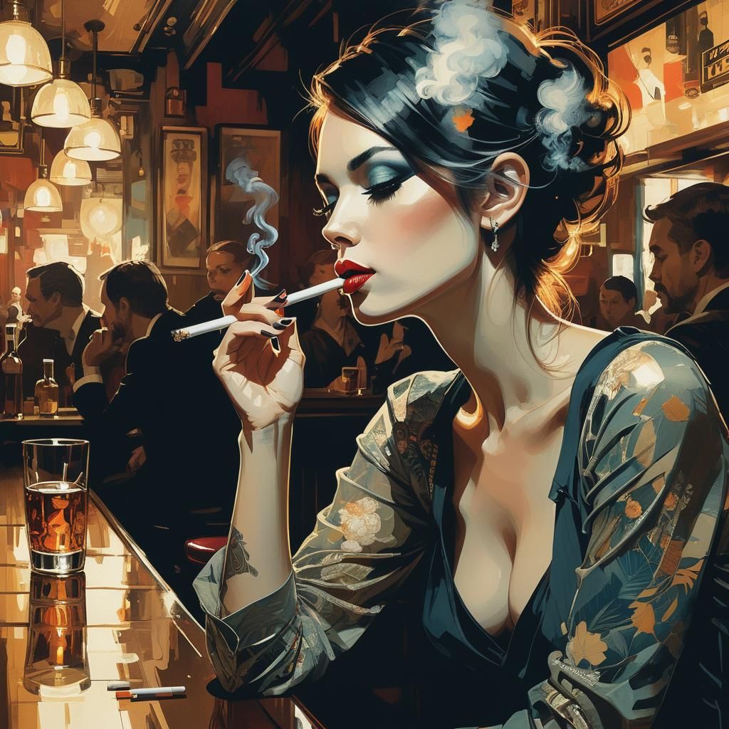 a beautiful woman smoking a cigarette at the bar . "By