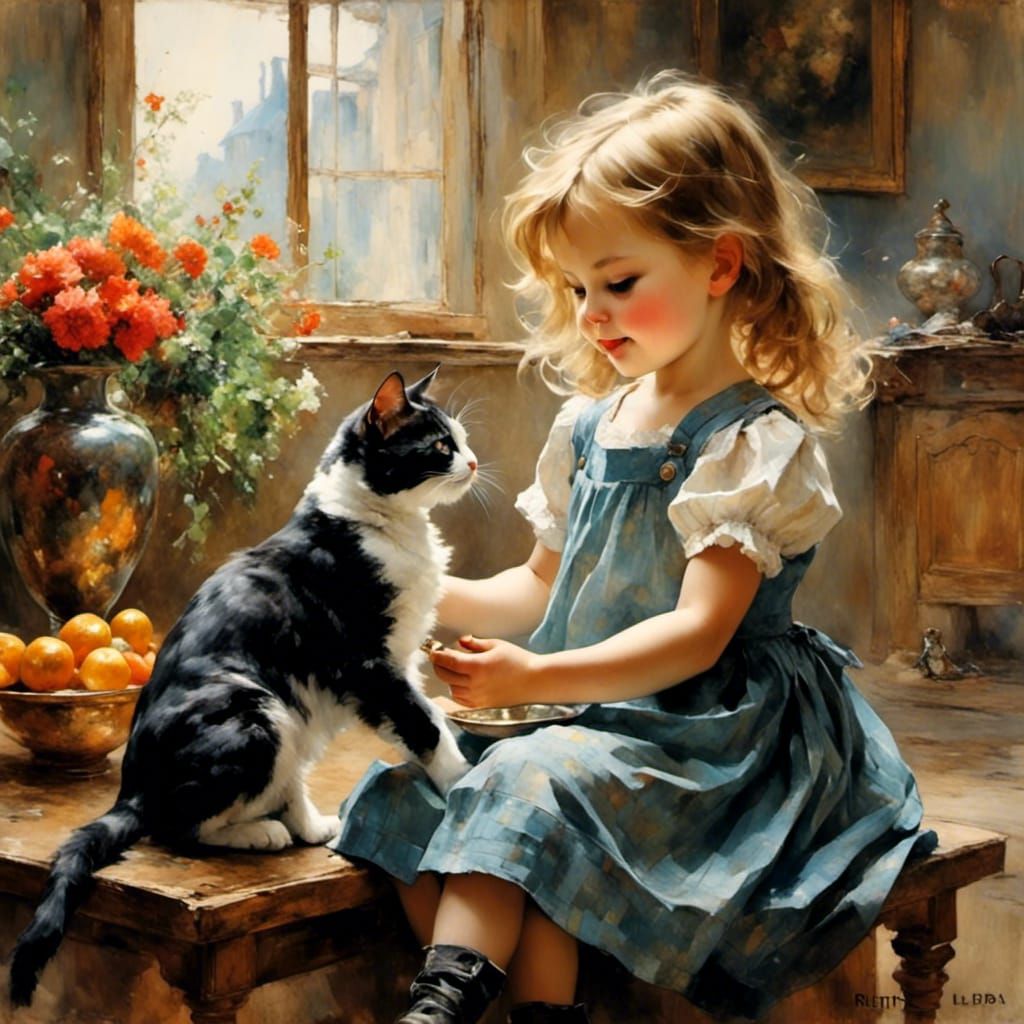 <lora:monstyle3:1.0> <lora:Beautiful Visions:1.0> toddler playing with A cat
  by @Char