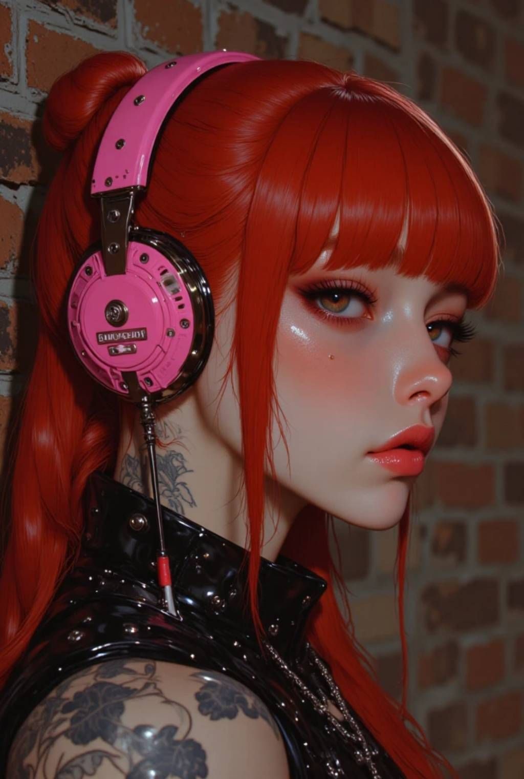 Redhead and pink headphones