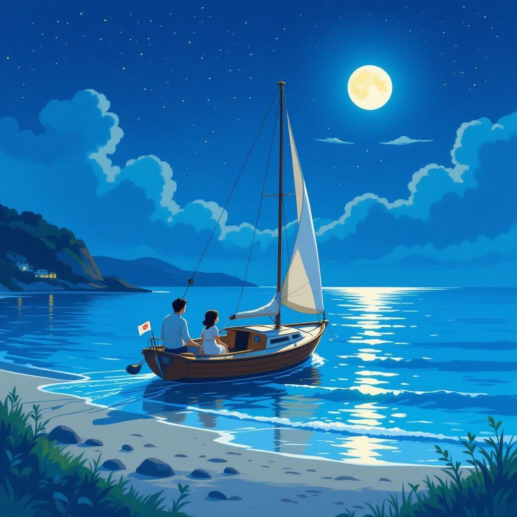 Father and Daughter Sailing Under Moonlight: Dreamy Art