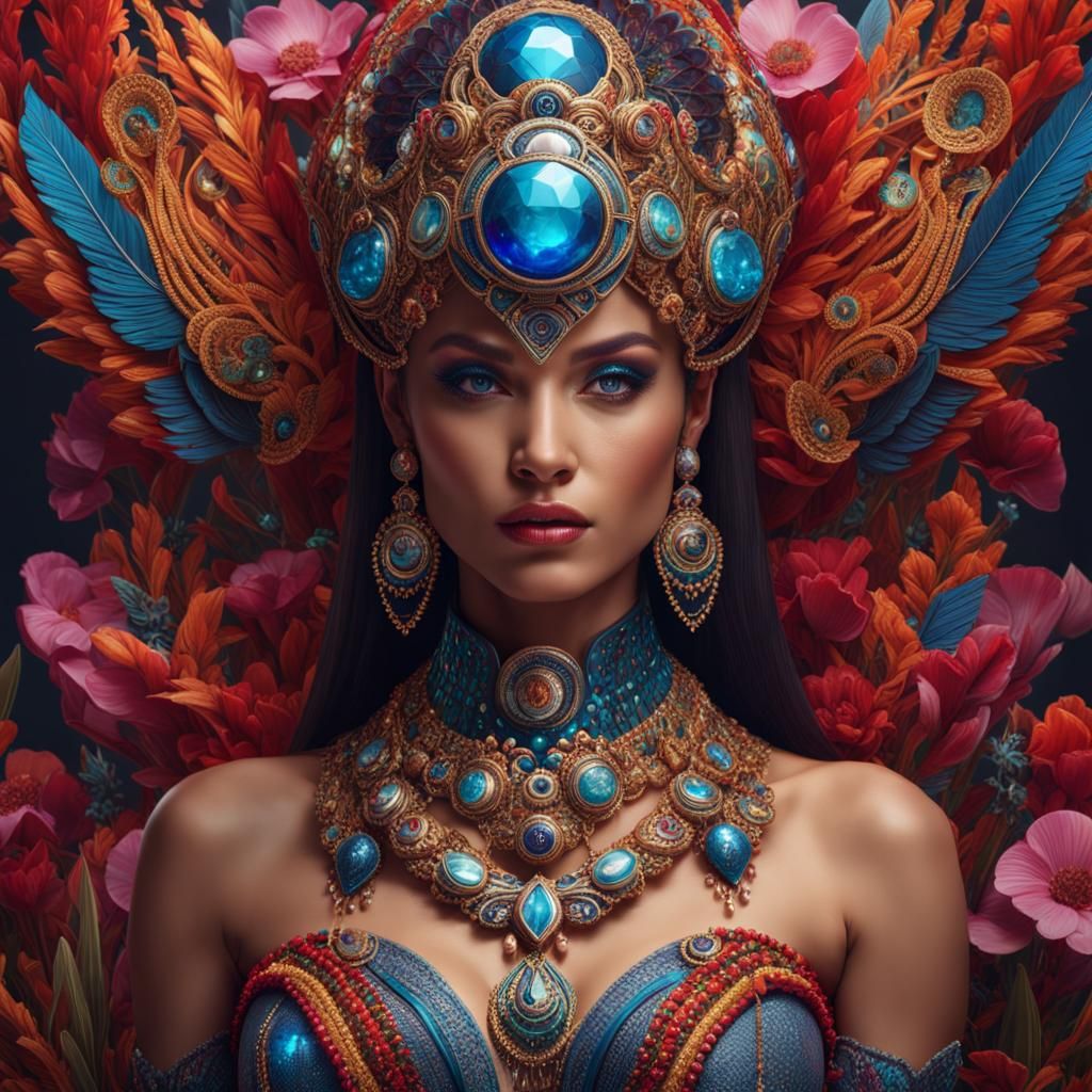 Hyperrealistic portrait of a beautiful woman wearing intrica...