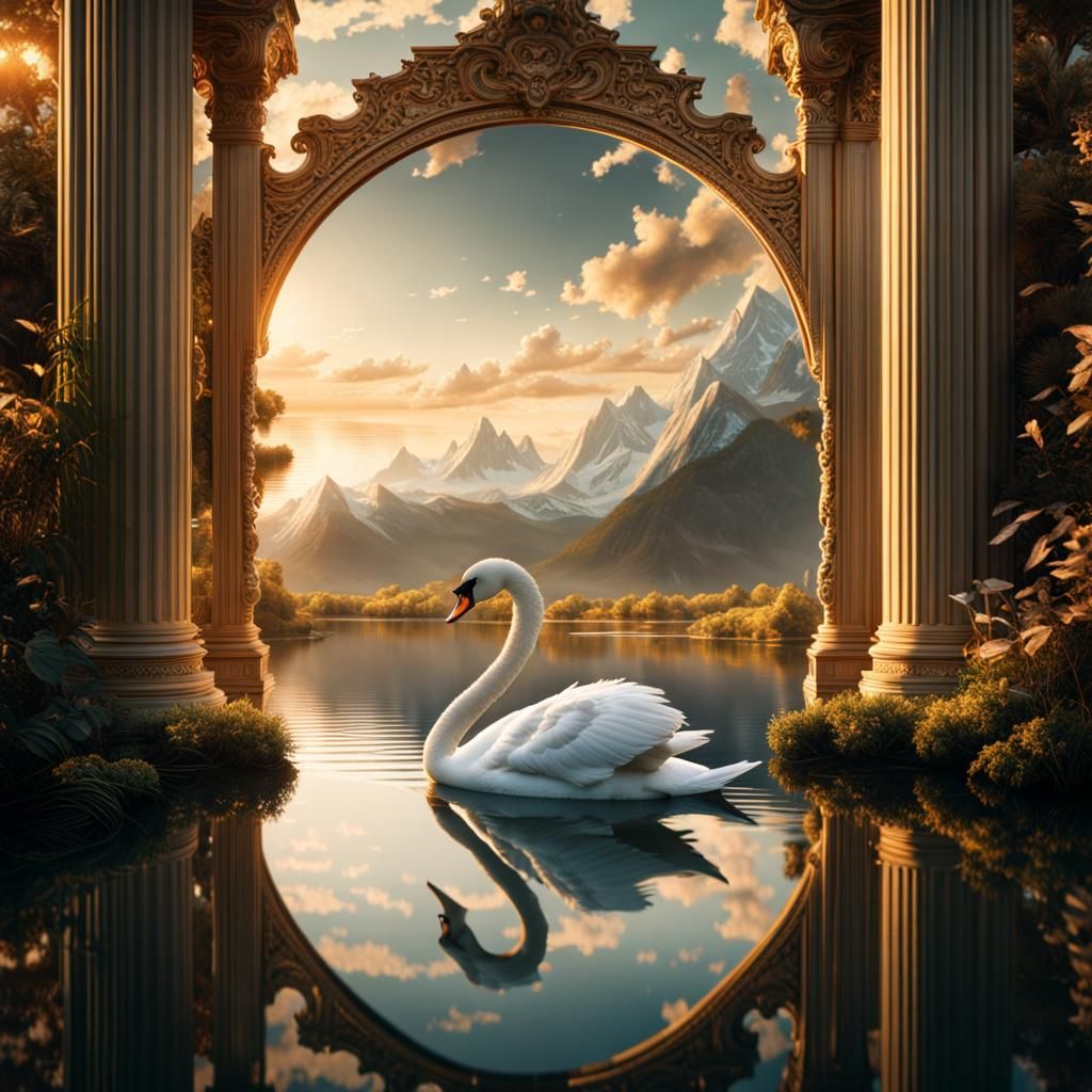 A beautiful swan gliding over a mirror in a surreal world.  by @Evelyn Shor Gershin
