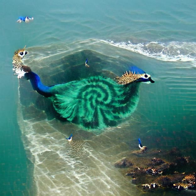 Peacock swimming in the ocean alone