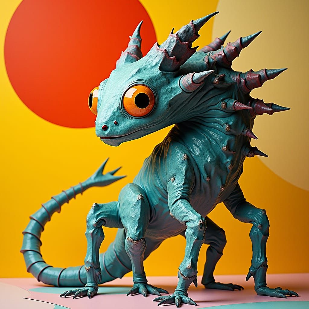 a jagged, fractal bodied creature with yolk eyeballs, hard l...