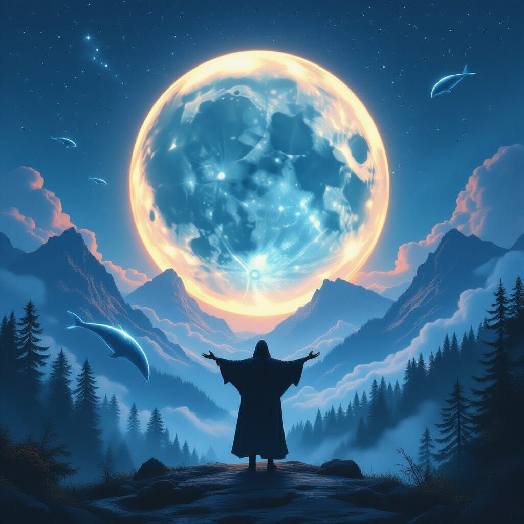 "Portal Moon"

Scene Description:

Night. A huge, unrealistically gigantic Moon fills half the sky. But this is no ordinary Moon - its surfa...