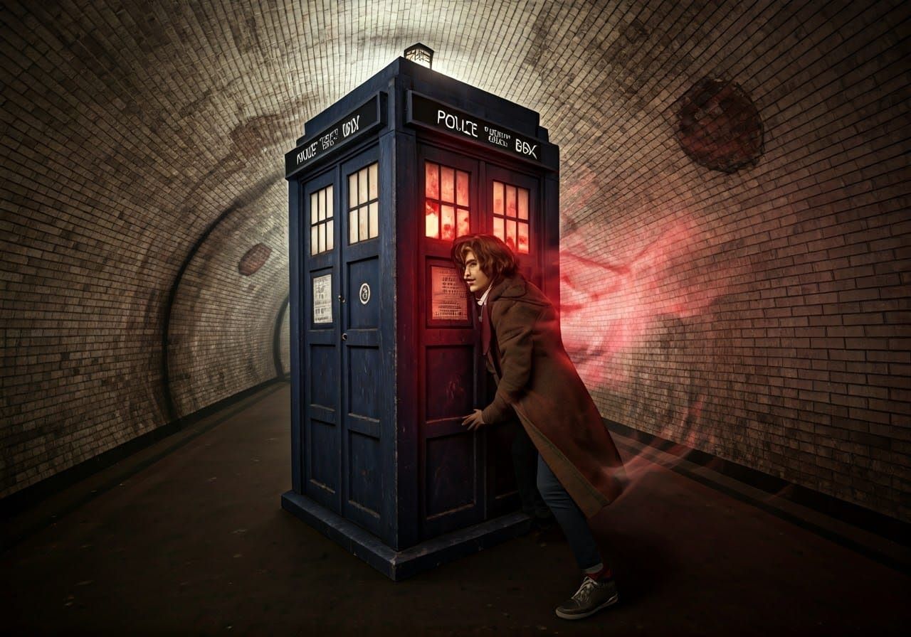 The TARDIS cursed by demons, red glowing windows with demonic faces peering out, ghostly whisps drift slowly from behind ascending to heaven...