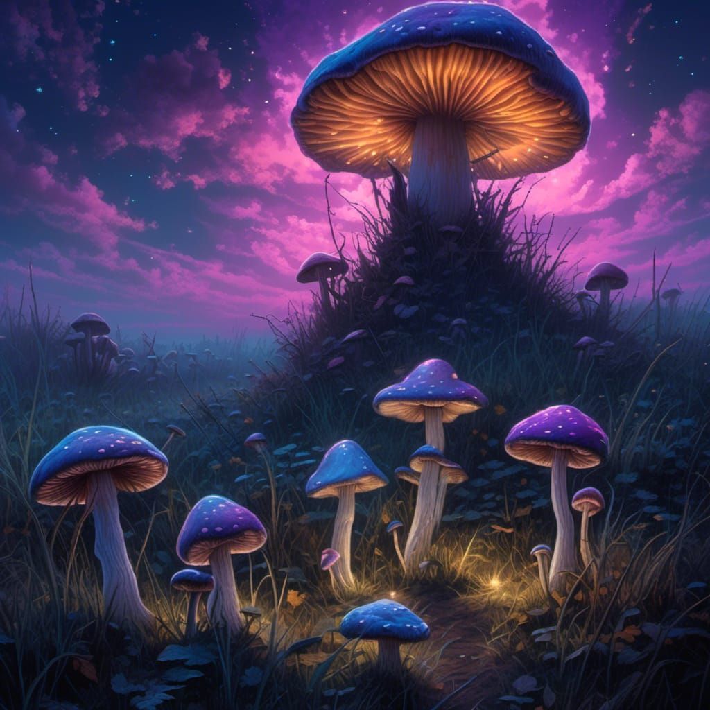 <lora:Bioluminescent:1.0> mushroom field at night