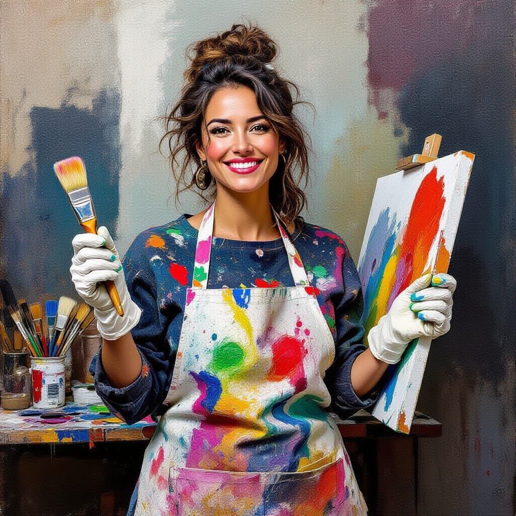 Vibrant Painter in Studio, Abstract Expressionist Style