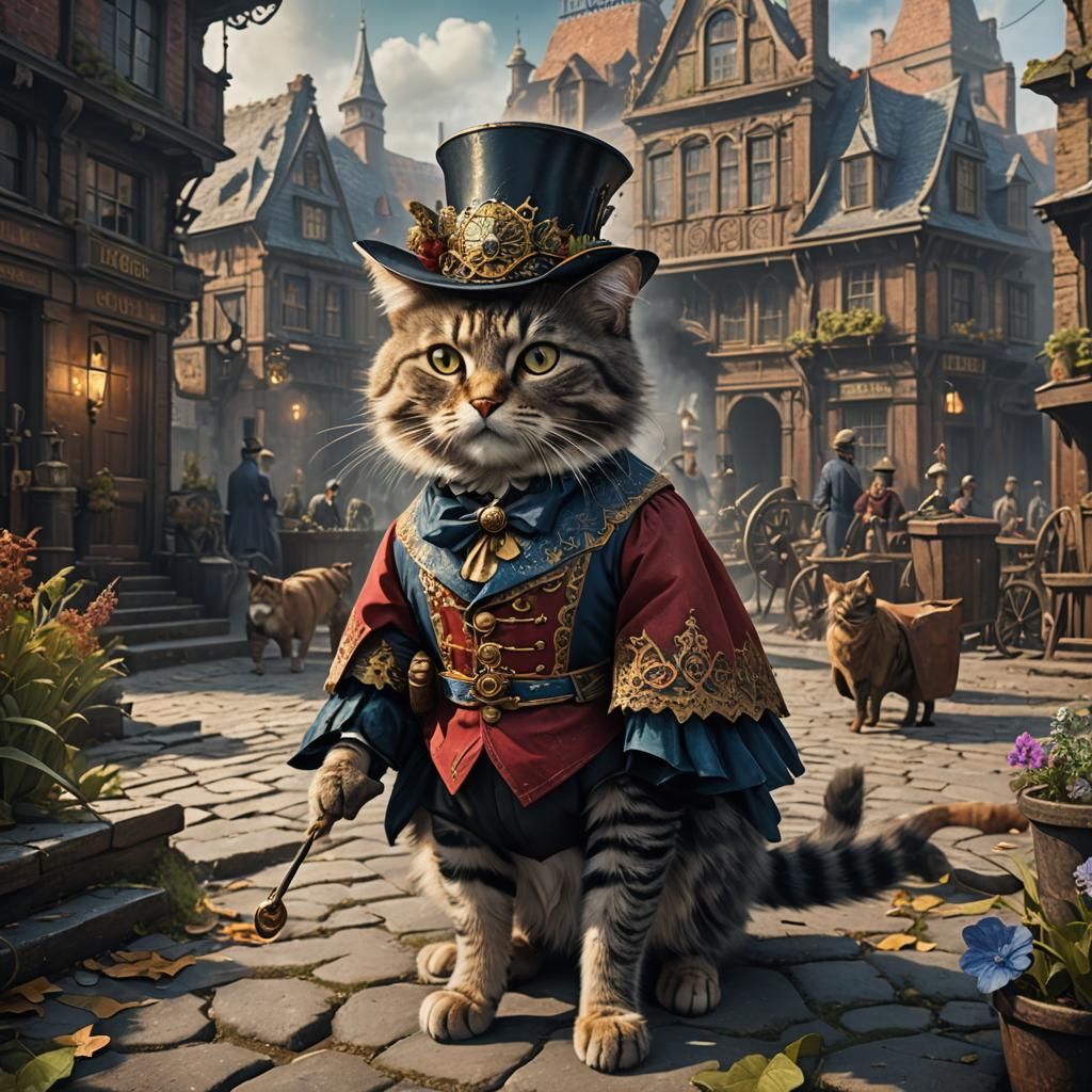 Cat dressed in the outfit from the 1800s