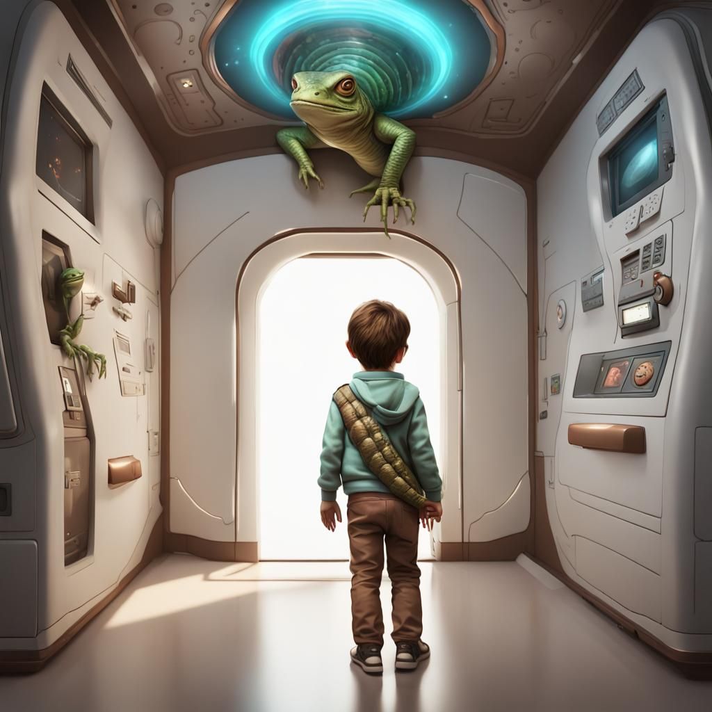 A boy and a animal on a spacecraft