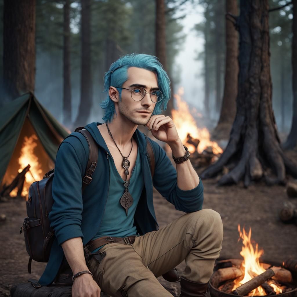 Elvish Male, Ocean Blue Hair, Circular Glasses, D&D Dark Tra...