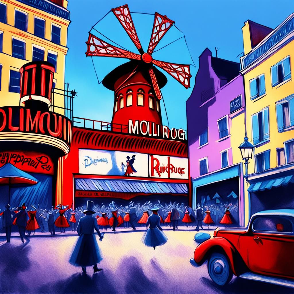 Moulin Rouge, can-can, lavender blue hyperdetailed charcoal ...