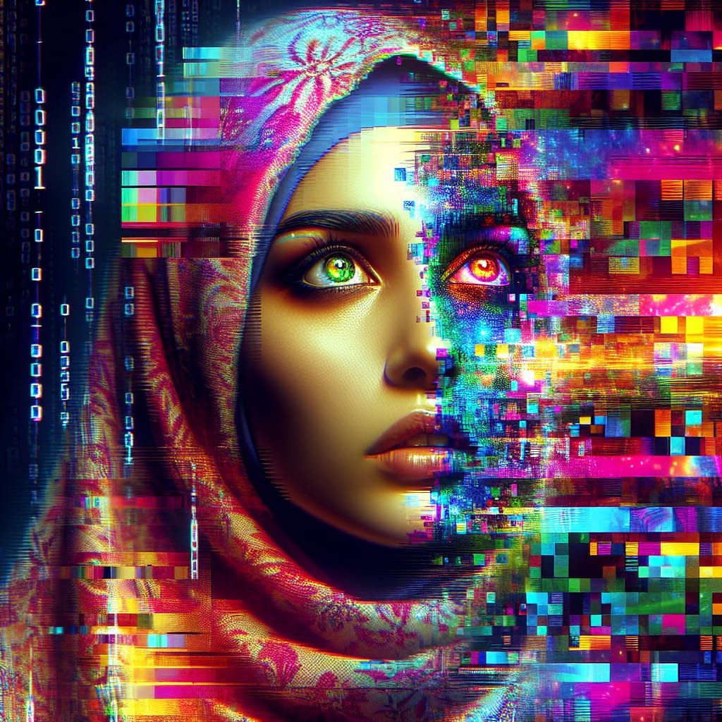 Glitch art, woman whose face is fragmented into a mosaic of colorful glitches and distorted pixels. Her ...  by @HarrietM