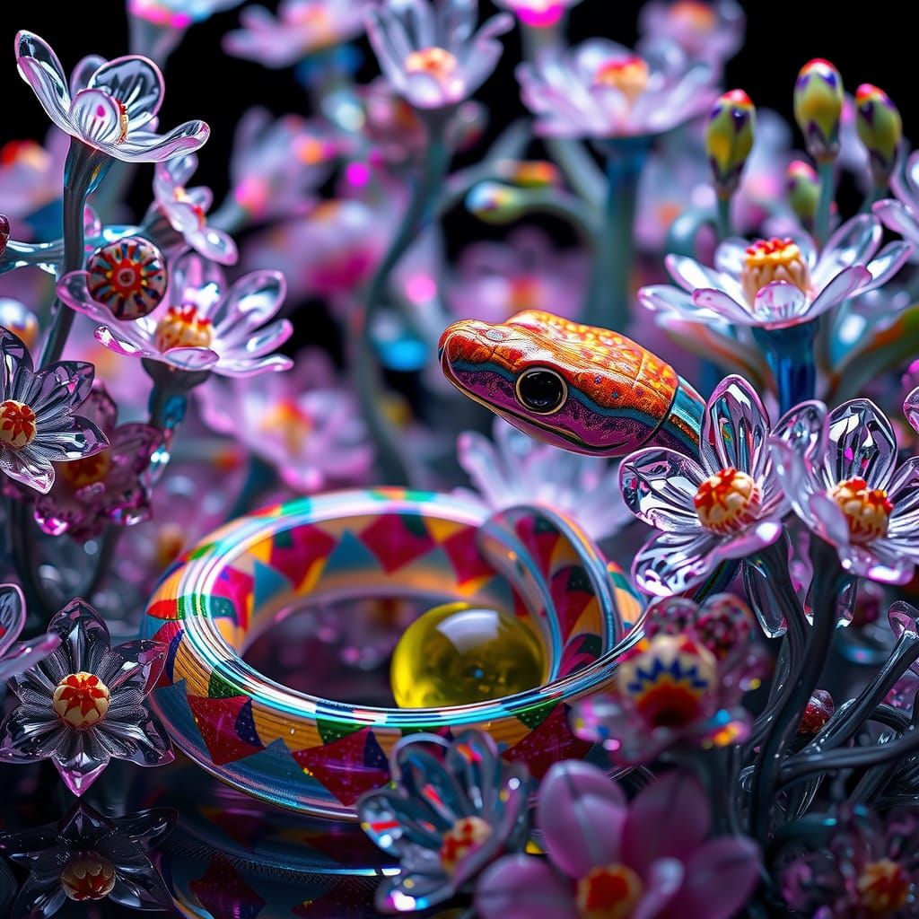 multi colored glass snake weaving through a garden of glass flowers, intricate details, HDR, beautifully ...  by @Ed Evans