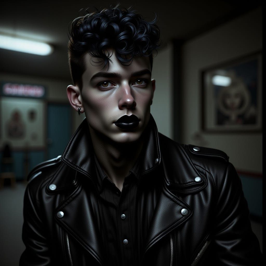  <lora:Midnight Retro V2:1.0> portrait of a gothpunk man in a leather jacket, dramatic lighting 