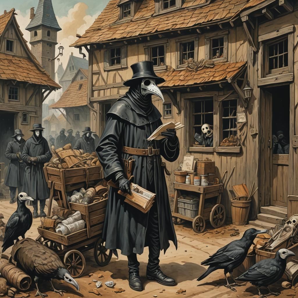 A Plague Doctor dressed all in leather a beaked mask covering his face wanders from house to house with ...  by @KarenK