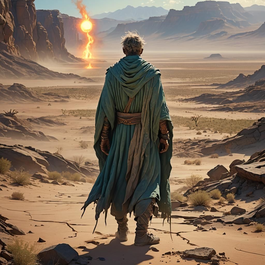 Parched Man at Desert Edge With Oasis