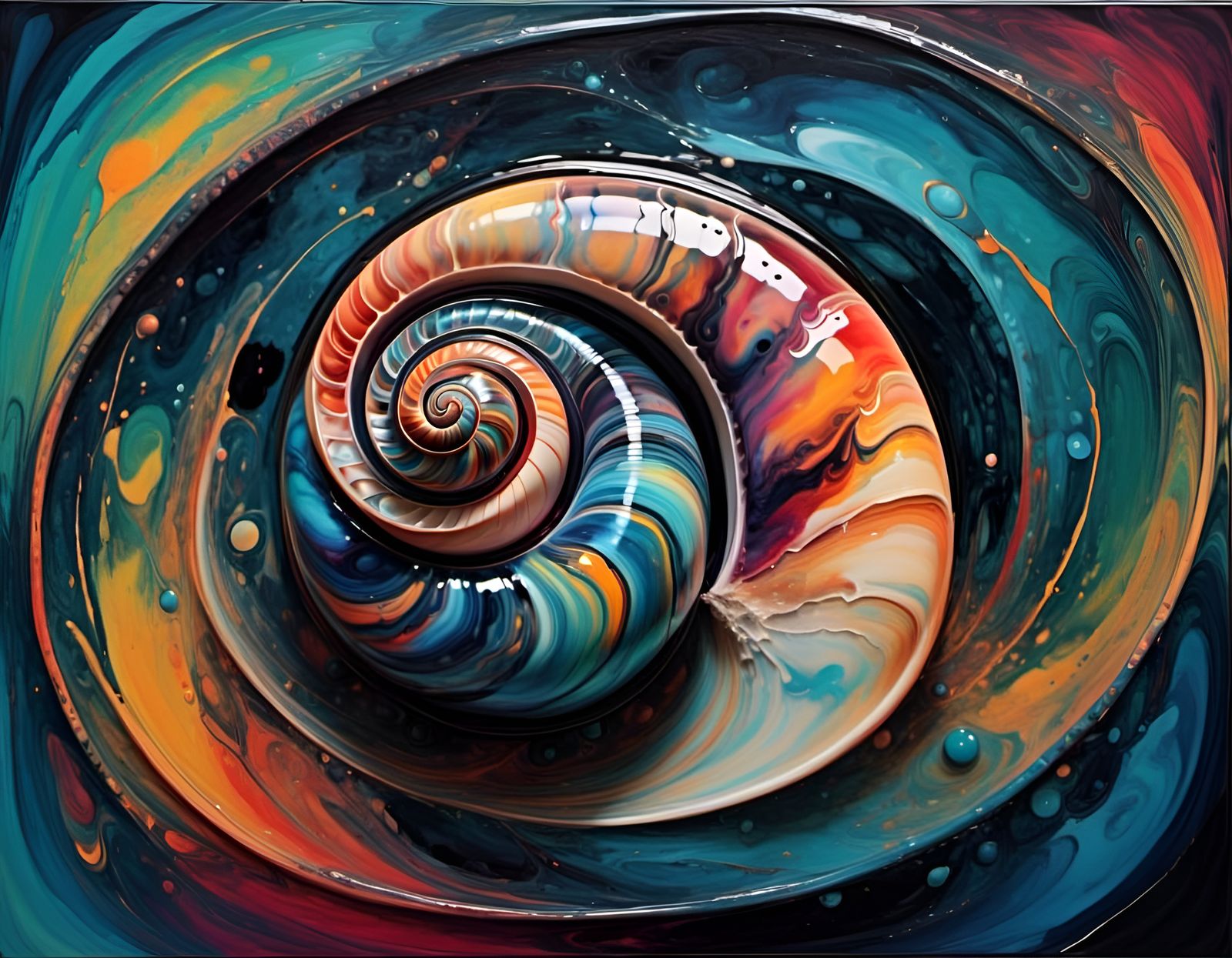 Geometric spinning snail shell. Black holes.  Contrasting colors. <lora:Liquid Rock Music:1.0> 