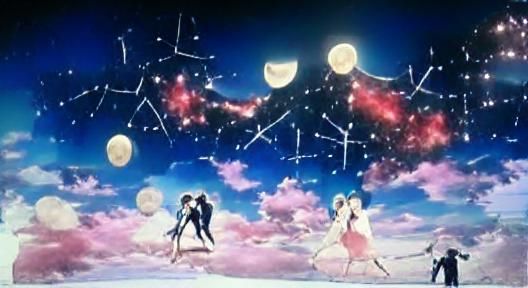 Two lovers dance on the moon in a sky full of stars. anime