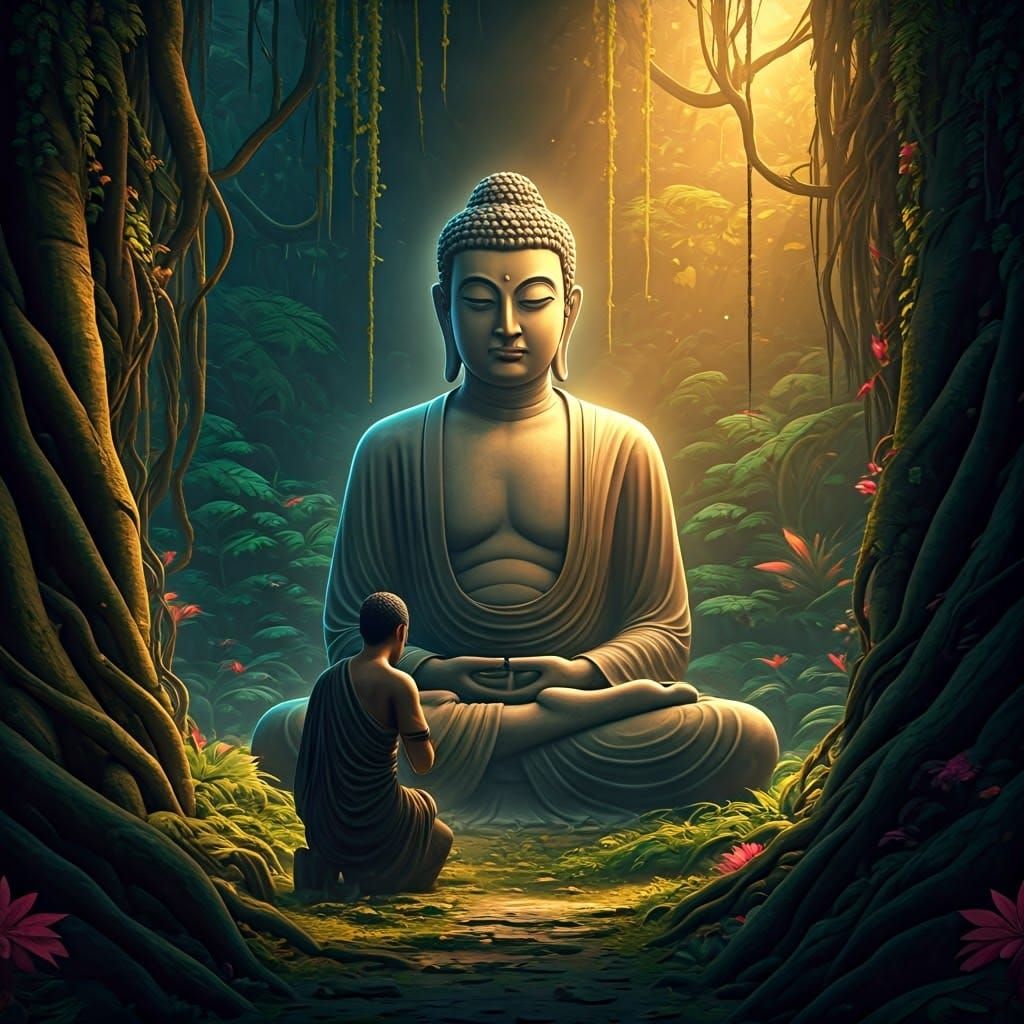 Buddha in Forest, Digital Matte Painting Style