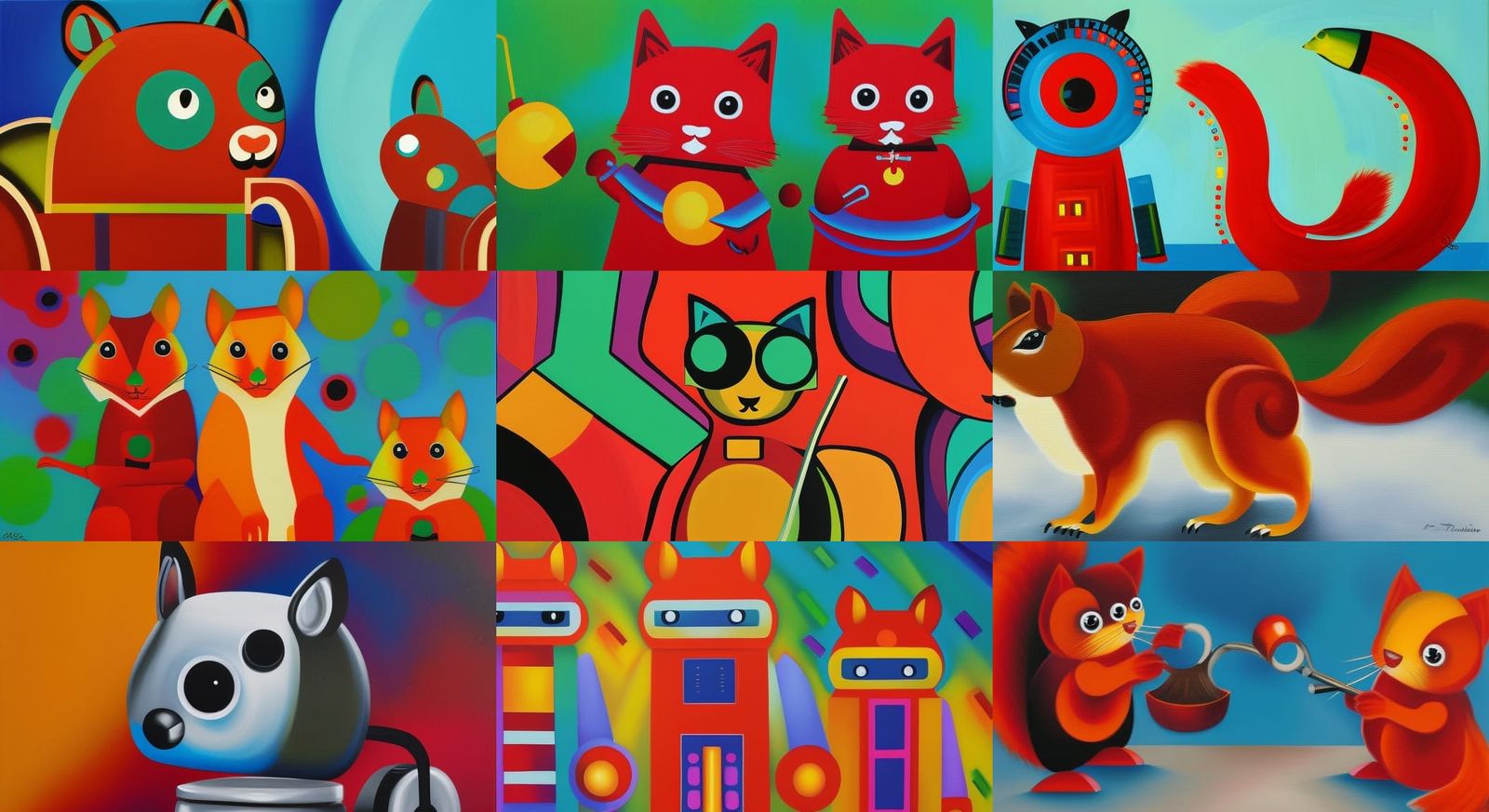 Robot Squirrels. Abstract cartoon painting.