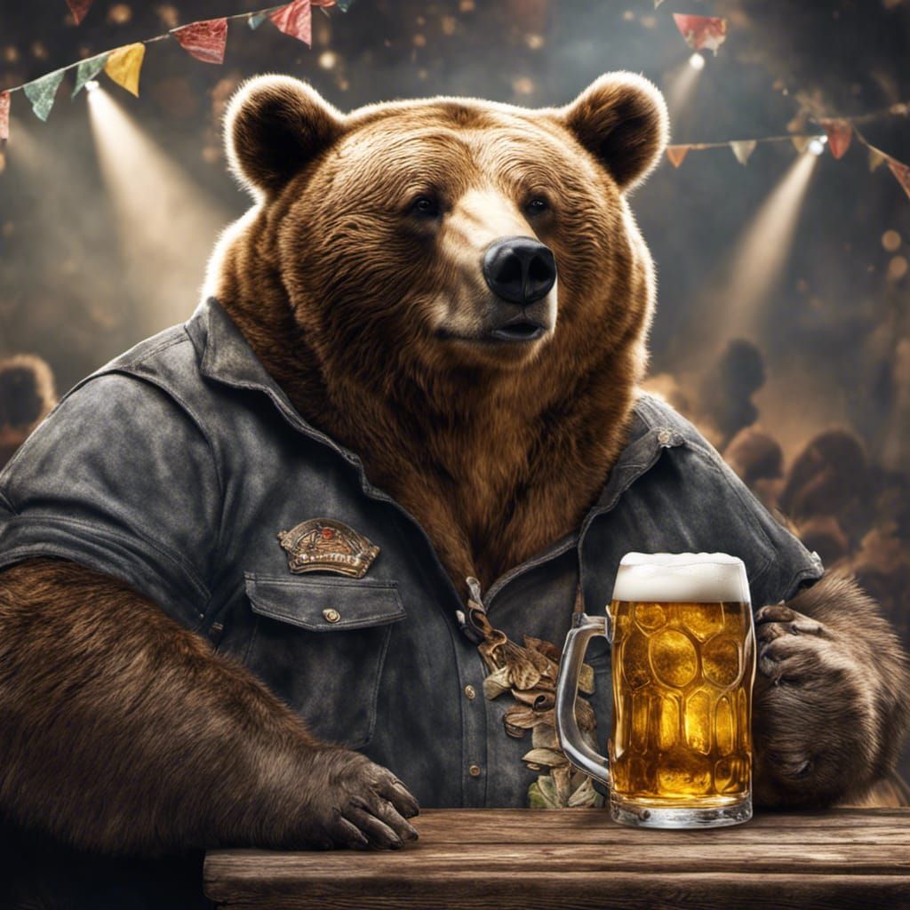 Photograph Portrait of An obese hillbilly Bear drinking beer, at ...