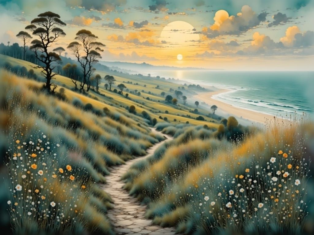 Hiking trail with wonderful views of the sea and wildflowers along the way on Rügen, at daybreak with fog, before sunrise, by John Atkinson...