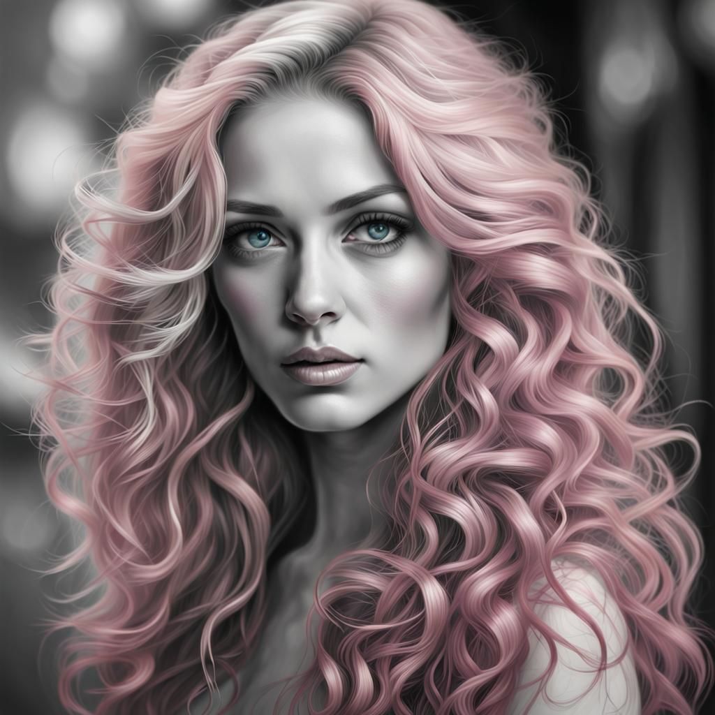 Black and white portrait of a woman with long wavy hair::pin...