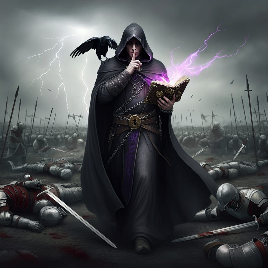 Hooded raven sorcerer absorbing secrets of the dead