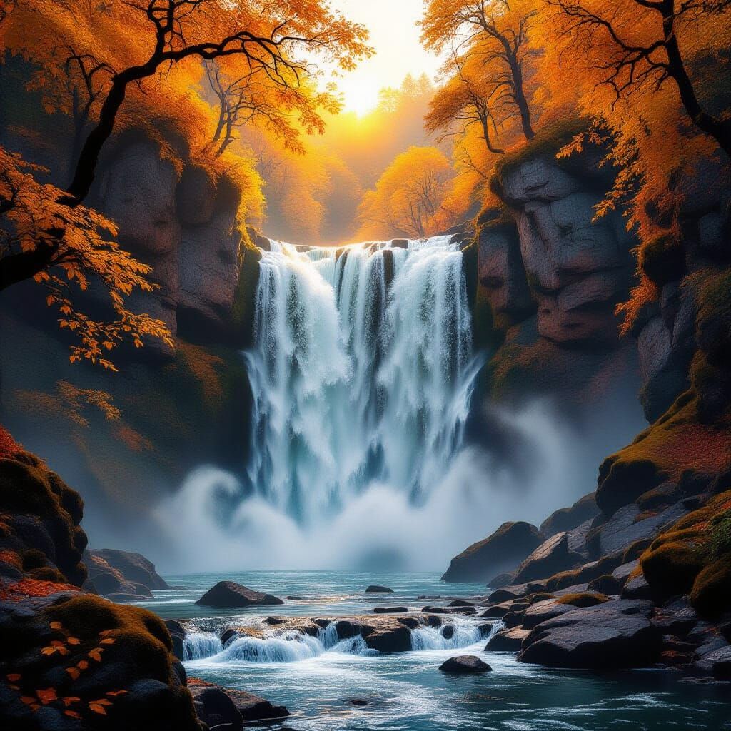 A dramatic, cinematic shot of a powerful waterfall roaring through an autumn forest, with golden light piercing the mist. The rocks surround...