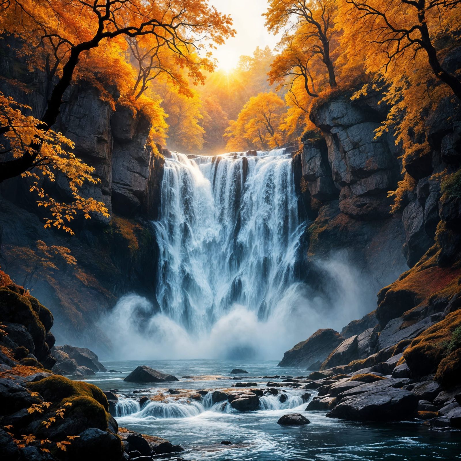 A dramatic, cinematic shot of a powerful waterfall roaring through an autumn forest, with golden light ...  by @Дарья Бортникова