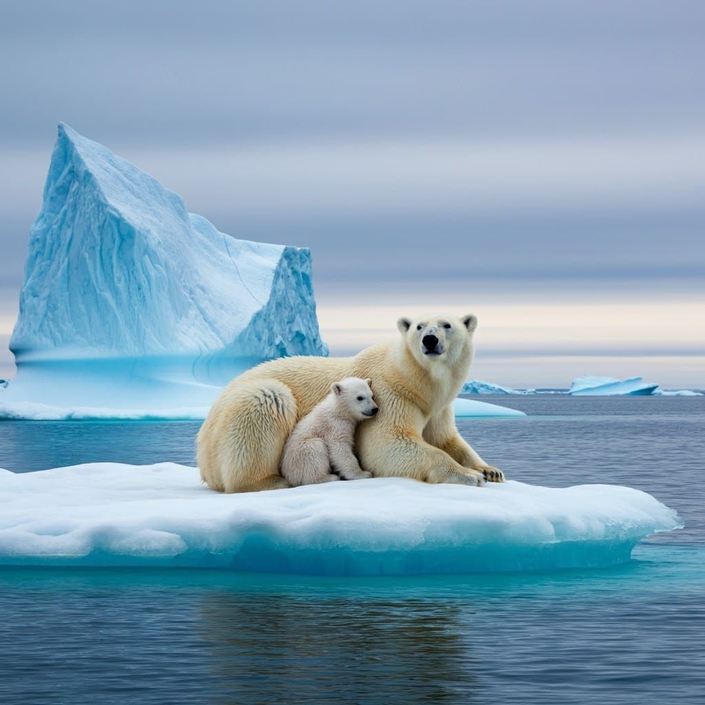  Alone - A serene scene of a mother polar bear and her cub   by @Murray
