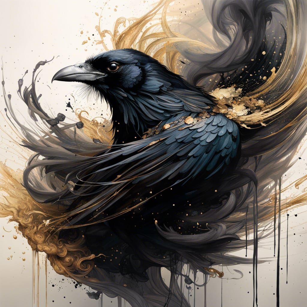 liquid ink raven dissolving into black smoke  by @Da-Li-Nay
