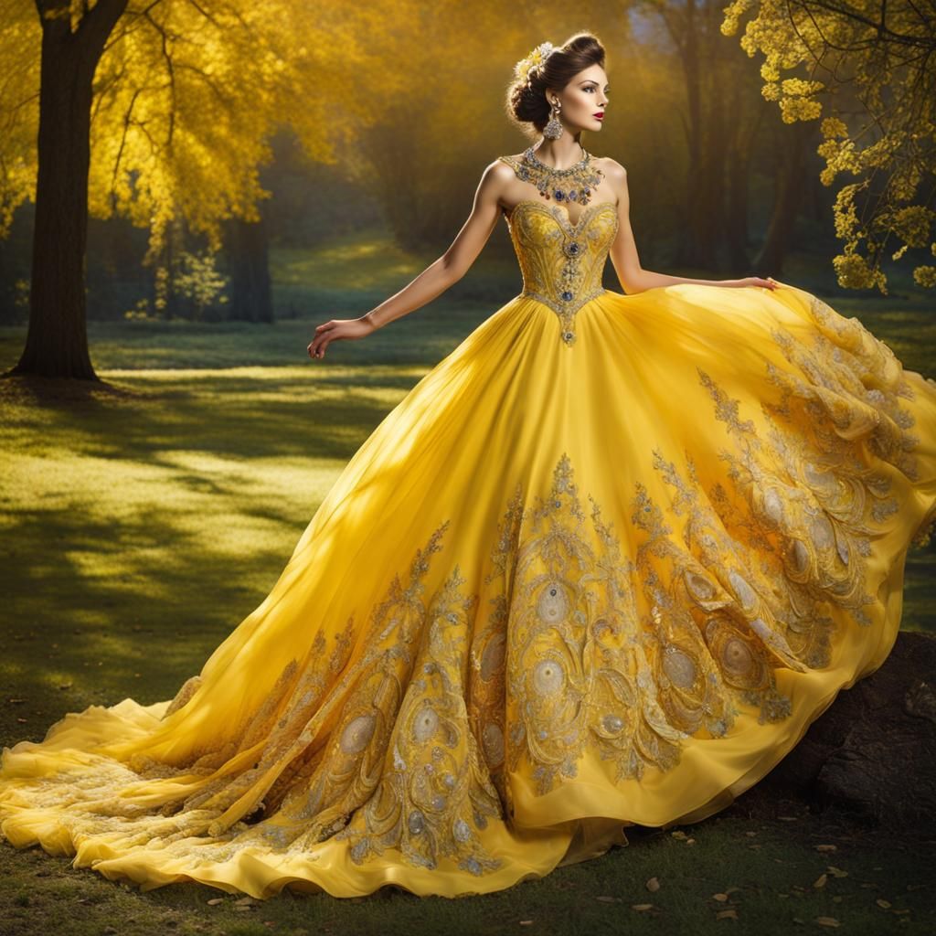 Long, full, flowing, yellow ball gown, worn by Beautiful wom...