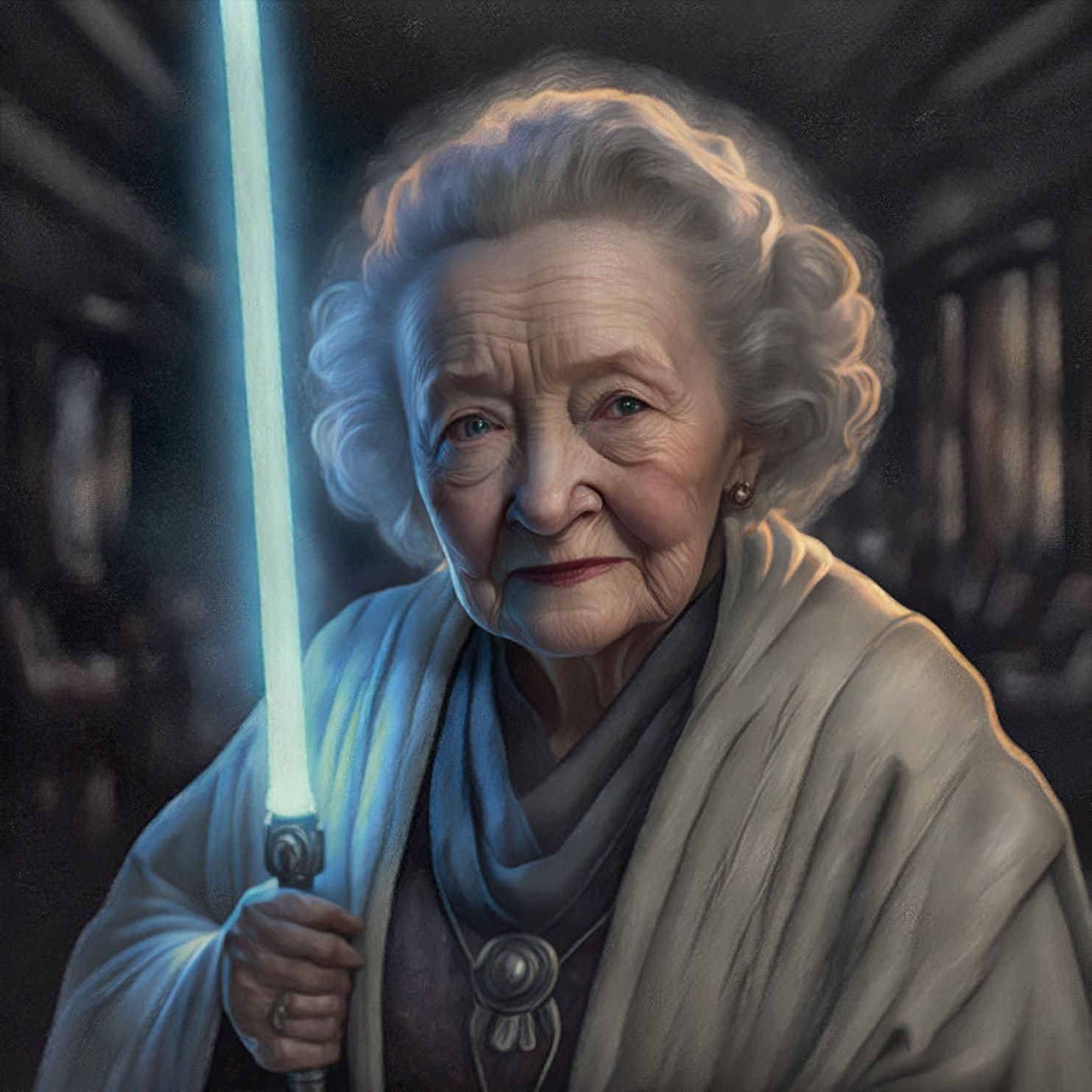 Grandma Jedi: "Visit me more often or I WILL chop your arm off. Thanks sweetie."